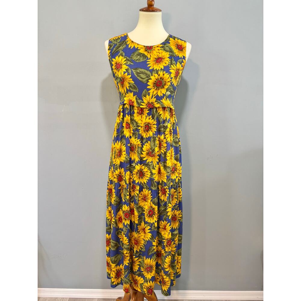 VTG Sleeveless Sunflower Print Maxi Dress Size 6 Floral Summer Boho Blue Yellow